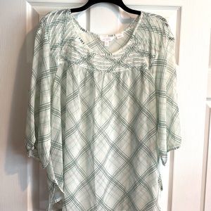LC LAUREN CONRAD SHEER BLOUSE-White/Gray/Green Soft Plaid in Size XXL